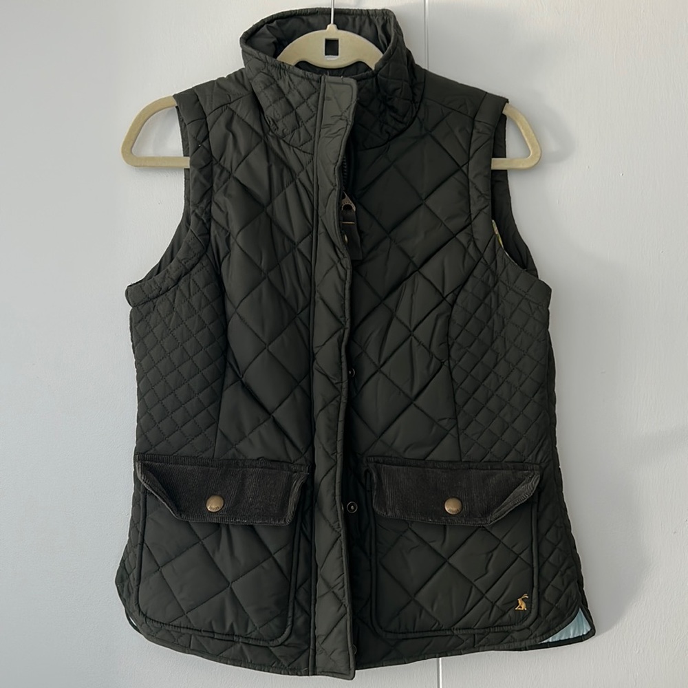 Joules Quilted Vest - Dark Green, Teal/Green patterned inside - US 8/UK 12